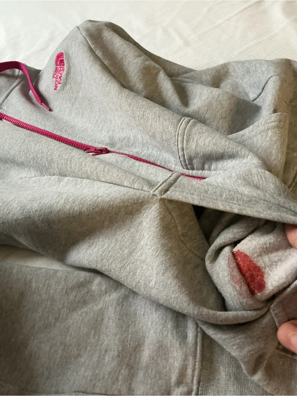 The North Face Women's Light Gray Hooded Sweater with Pink Stripe Hem